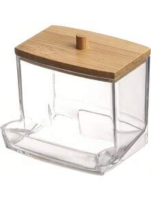 1 Stück klarer Acryl Wattestäbchen Halter mit elegantem Holzdeckel - schlanker Badezimmer Organizer Behälter für Wattestäbchen & Pads, robuster Kunststoff Make-up Aufbewahrungsbehälter