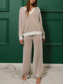 Fisoew Matching Sets For Women 2025 Fall Winter Striped Knit Set | Oversized Sweater & Lounge Pants | Y2K Cozy Matching Outfit | Women's Casual Street Style Tracksuit - 棕色 - 查看 4