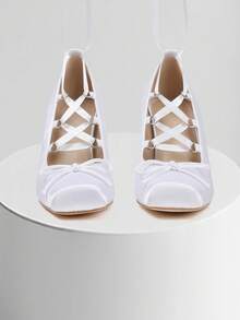 Womens High Heels Sandals Square Toe Satin Slip On Pumps Shoes Chunky Heels Cross Strap Ballerina Shoes Mary Jane Bow French Girl Fashion Party Business Casual Bridal Wedding Dressy Outdoor Street Style Easter Spring Summer Sandals For Women White Heels - 白色 - 查看 6