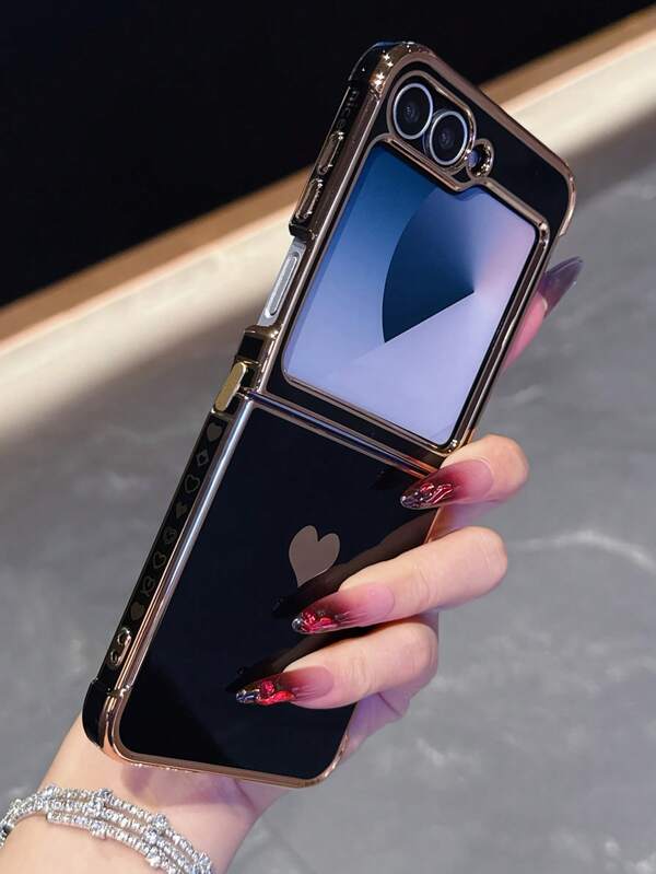 Cute Luxury Plating Phone Case Compatible With Samsung Galaxy Z Flip 5 Z Flip6 5G Heart Pattern Shockproof Protective Cover