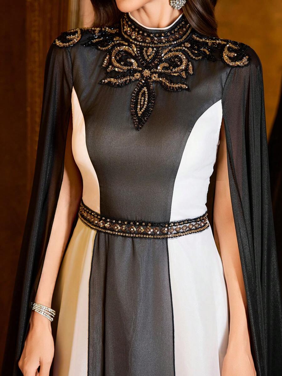 Vestido de noche maxi de mujer UNITHORSE con cuello alto, manga extra larga, aplicaciones, imitación de lyocell, ajuste ceñido y temperamento, vestido de novia - Blanco y Negro - Ver 1