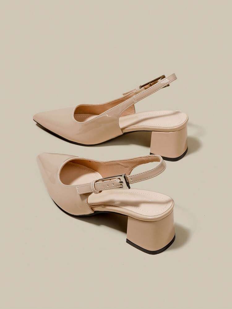 Tacones de plataforma con punta puntiaguda y correa única de cuero patentado color albaricoque para mujer, tacones altos formales elegantes de punta puntiaguda, tacones altos de moda tipo slingback - Albaricoque - Añade 1