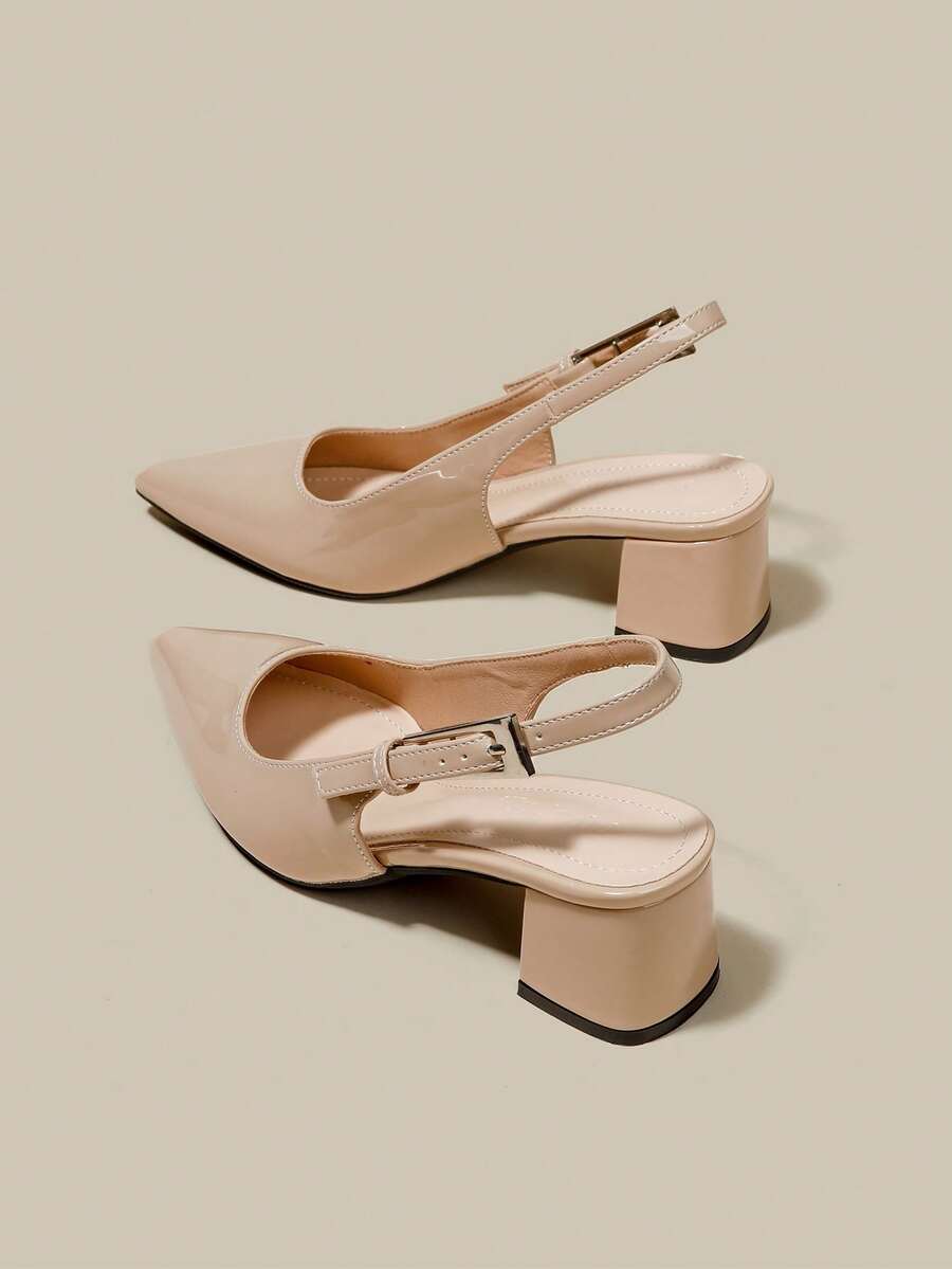 女士杏色漆皮尖头单带粗跟高跟鞋，优雅尖头正式高跟鞋，时尚露跟高跟鞋 - 杏色 - 查看 1