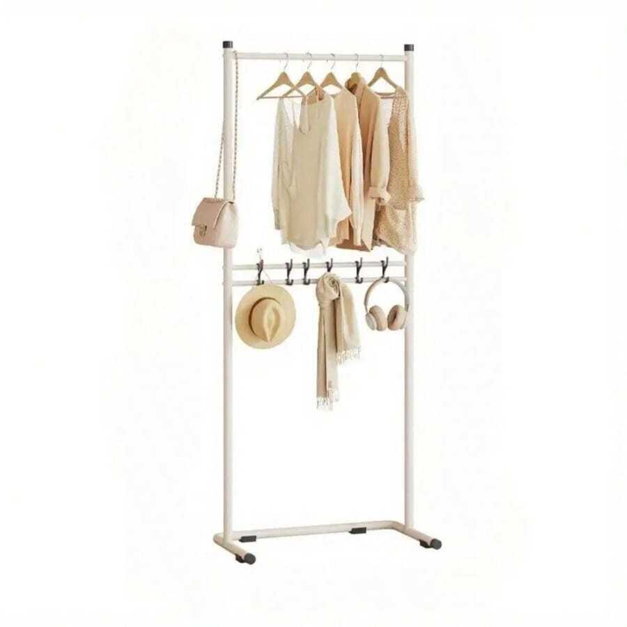 Perchero Metálico Organizador de 2 Estantes con Ruedas, Estante Móvil Ideal para Ropa, Sacos, Bolsas, Sombreros, Accesorios, Diseño Minimalista, Para espacios Compactos, Soporte de hasta 25kg - Blanco - Ver 1