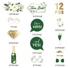 12pcs Green & Gold Wedding Photography Prop Set, Suitable For Lush Weddings, Brides-To-Be, Engagement Ceremonies, Bridal Showers, Bachelorette Parties, Engagement Photos, And Bride Self-Portraits