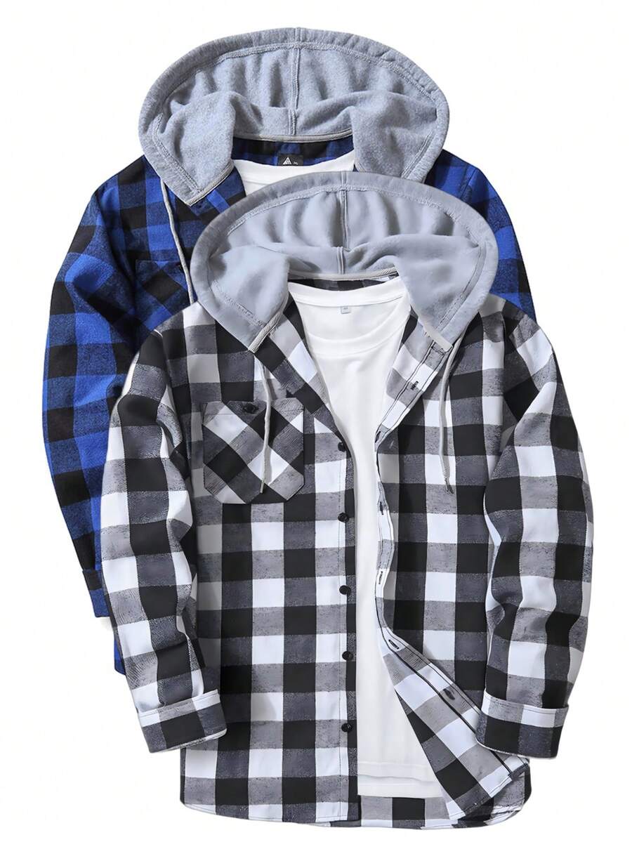 Four Seasons Two-Piece Set Contrast Plaid Men's Casual Hooded Shirt - 藍色白黑色 - 查看 1