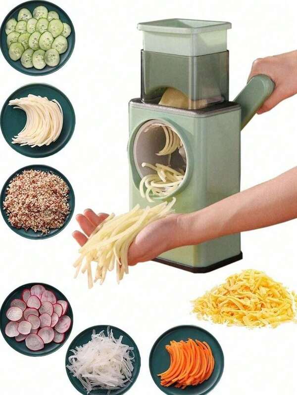 Multi-Function Vegetable Chopper And Slicer, Can Be Used As Rotary Cheese Grater, Onion Dicer, Spiral Shredder, Fruit Chopper, Manual Vegetable Cutter And Potato Slicer, Convenient And High-Performance (Actual Color Slightly Darker), With Fixing Buckles On Both Sides + 3 Random Blades