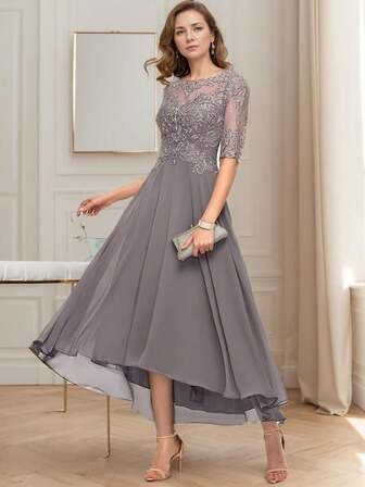 纯色优雅雪纺贴花正式派对、婚礼、生日、毕业典礼、周年纪念、节日礼服