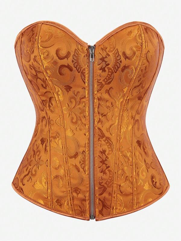 Overbust Corset Top, Jacquard Front Zipper Bustier Crop Top, Vintage Corset Bodice, Strapless Backstrap Women Outerwear, Slimming Costume For Halloween