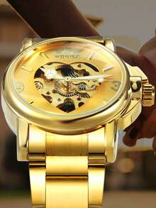 T-WINNER 1pc Fashion Business Ladies Watches Top Brand Luxury Gold Skeleton Automatic Mechanical Watch For Women Stainless Steel Strap Casual Wristwatches Gifts - Gold - View 4