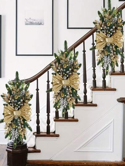 1pc Light-Up Christmas Stair Swags, 23inch Artificial Teardrop Wreaths For Railing, Christmas Staircase Decorations, Garland With Bow Balls Pine Cones, For Christmas Decoration, Christmas Garland With Lights, Wall Window Door Decor, Outdoor Holiday Ornaments, Christmas Decorations For Home, Xmas Home Decor ﻿ Room Decor