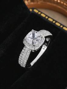 Anillo de compromiso de plata de ley 925 con corte princesa, diseño totalmente pavimentado, joyería de plata de alta gama, regalo para la novia - Blanco - Ver 3