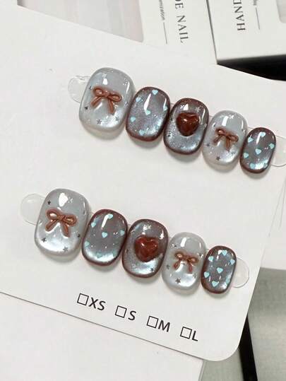 10 Handcrafted Blue Heart-Shaped Polka Dots, Brown Three-Dimensional Bow, Star-Shaped Bright Pearl Cat's Eye Press Short False Nails, Daily Autumn And Winter New Style, Sweet And Cool, Hot Girl Wearing Nails, Suitable For Ladies And Girls As Gifts
