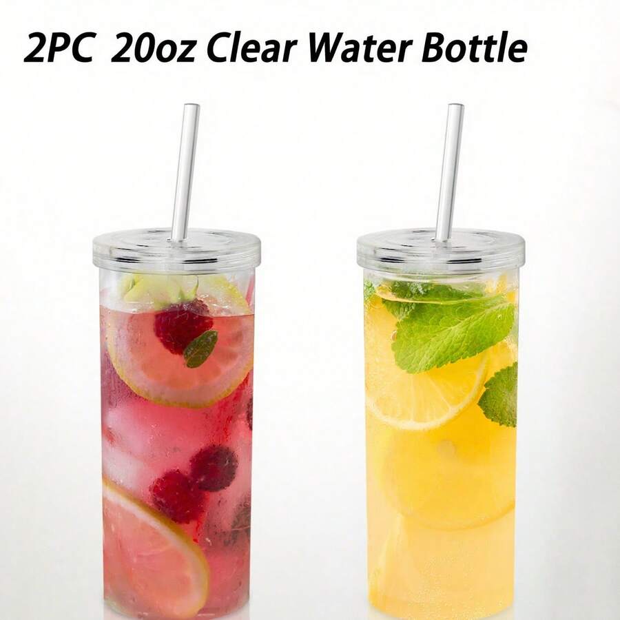 20oz Tumbler 2-Pack With Lids & Straws - Double-Wall Insulated PET Plastic Cups- Includes (2) 20oz Cups, (2) PET Lids & (2) PP Straws - For Cold & Iced Drinks, Home, Office, Travel - 無色 - 查看 1