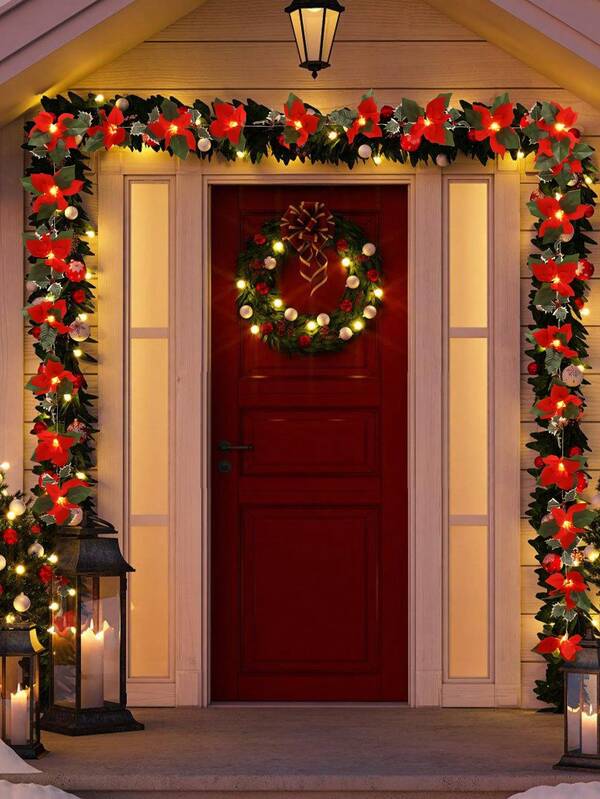 1 pieza Flores y frutas rojas navideñas, Guirnalda de luces LED de 10 luces en alambre de cobre de 2m, Luces de color navideñas, Decoraciones de árbol de Navidad, Iluminación decorativa navideña