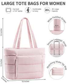 Puffer Tote Bag For Women, Lightweight Puffy Work Handbag Teacher Nurse Quilted Shoulder Bag For School Travel Gym - 粉色 - 查看 2