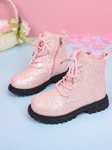 1 Pair Children's Fashion Casual Non-Slip Boots, Solid Color Shiny Lace-Up Design, Side Zipper Girls' Boots Suitable For Travel And Vacation (Random Sole)