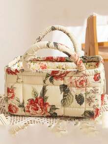 Floral Pattern Storage Basket Women Quilted Floral Laundry Baskets Small Storage Bin Laundry Organizers Easy Carry Handles Hampers Travel Tote Bag - Multicolor - View 12