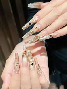 550PCS Nail Art Rhinestones Kit - 12 Designs Press-On Nails Decor With Gold/Silver Metal Base 3D Nail Charms, Mini Pearls & Crystals For DIY Acrylic Nails | Salon-Quality Round & Square Gems And Pearls, DIY Nail Supplies - Multicolor - View 9