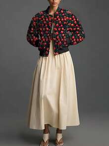 Women's Embroidered Daisy Short Work Jacket, Long-Sleeved Quilted Windbreaker Coat, Fleece-Lined Overcoat - màu đen - Xem 4