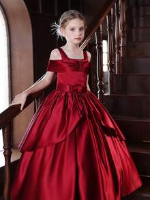 青少年女孩长款露肩酒红色连衣裙，适合儿童生日派对、婚礼、新年、圣诞节、节日场合、花童礼服、舞会、派对 - 酒紅色 - 查看 7