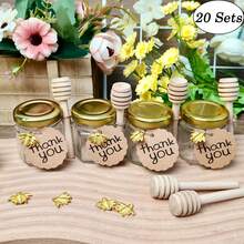 10/20 piezas Paquetes de fiesta Tarros de miel de vidrio, con tapas doradas, botellas de miel de vidrio transparente de 45ml/1.52oz con tarjetas redondas y palitos de madera, tarros de miel mini a granel para mermelada, caramelos, regalos de baby shower, regalos festivos, decoración del hogar