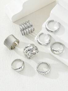 Bộ 8 nhẫn trang sức mặt rộng trơn rỗng bất đối xứng, quà tặng sinh nhật, kỳ nghỉ, hẹn hò, tiệc tùng, đa năng, đeo hàng ngày - Bạc - Xem 4