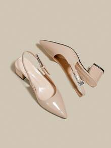 女士杏色漆皮尖头单带粗跟高跟鞋，优雅尖头正式高跟鞋，时尚露跟高跟鞋 - 杏色 - 查看 6