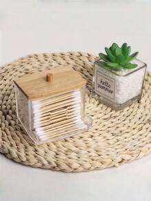 1 Stück klarer Acryl Wattestäbchen Halter mit elegantem Holzdeckel - schlanker Badezimmer Organizer Behälter für Wattestäbchen & Pads, robuster Kunststoff Make-up Aufbewahrungsbehälter