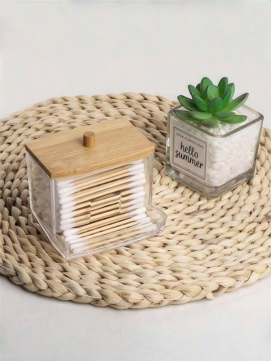 1 Stück klarer Acryl Wattestäbchen Halter mit elegantem Holzdeckel - schlanker Badezimmer Organizer Behälter für Wattestäbchen & Pads, robuster Kunststoff Make-up Aufbewahrungsbehälter