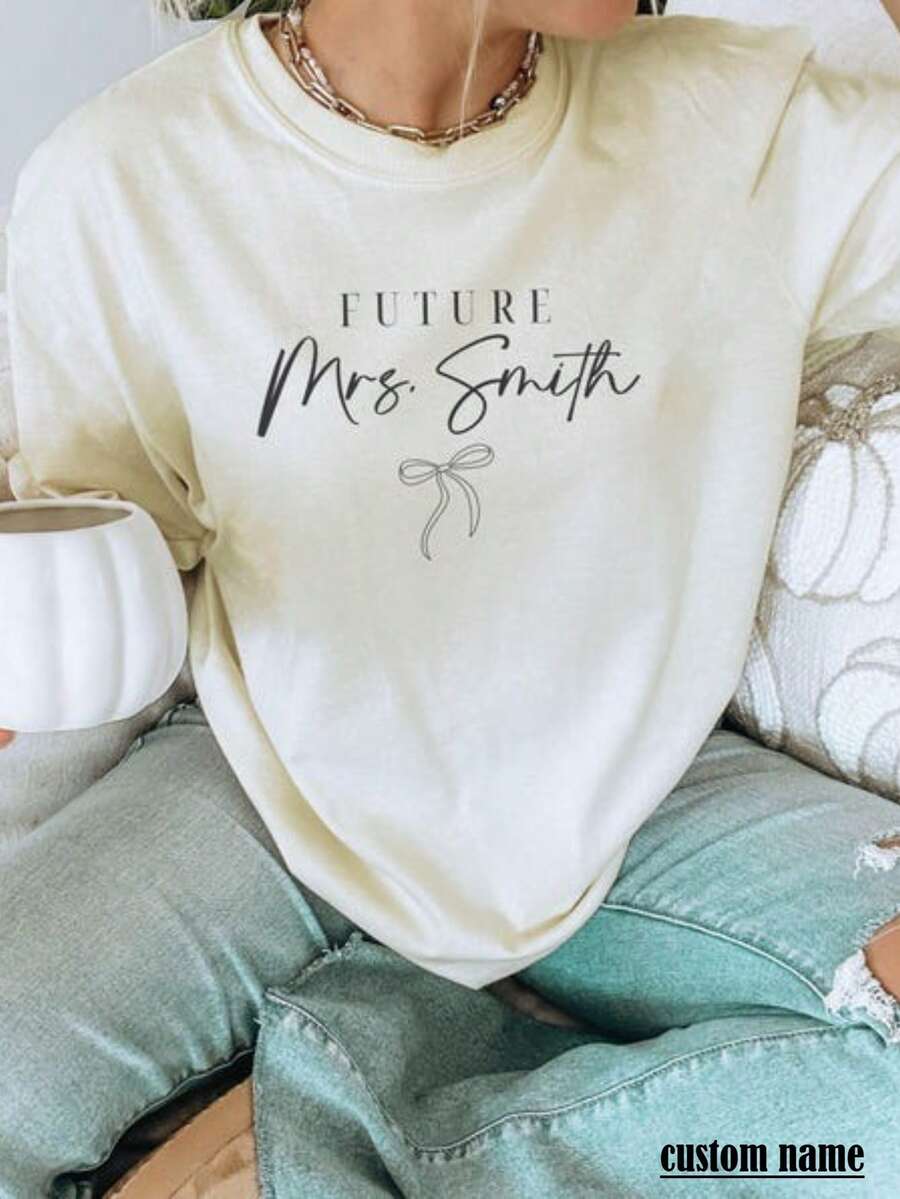 1pc Engagement Gift For Her Custom Future Mrs Shirt Personalized Future Bride Shirt With Last Name Engagement Gift For Daughter Dainty Bow Tee - trắng - Xem 1