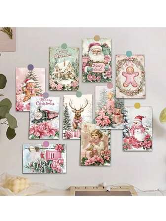 10pcs Vintage Pink Christmas Card Set, Vintage Christmas Cards, Santa Claus, Reindeer, Snowman, Gingerbread Man, Gift And Floral Holiday Patterns, High Quality Paper, Suitable For Refrigerator Hanging, Holiday Home, Office Decor, Artistic Christmas Greeting Cards, Christmas Holiday Decor, Christmas, Valentine's Day, Christmas, Birthday Party Favors, Home Decor