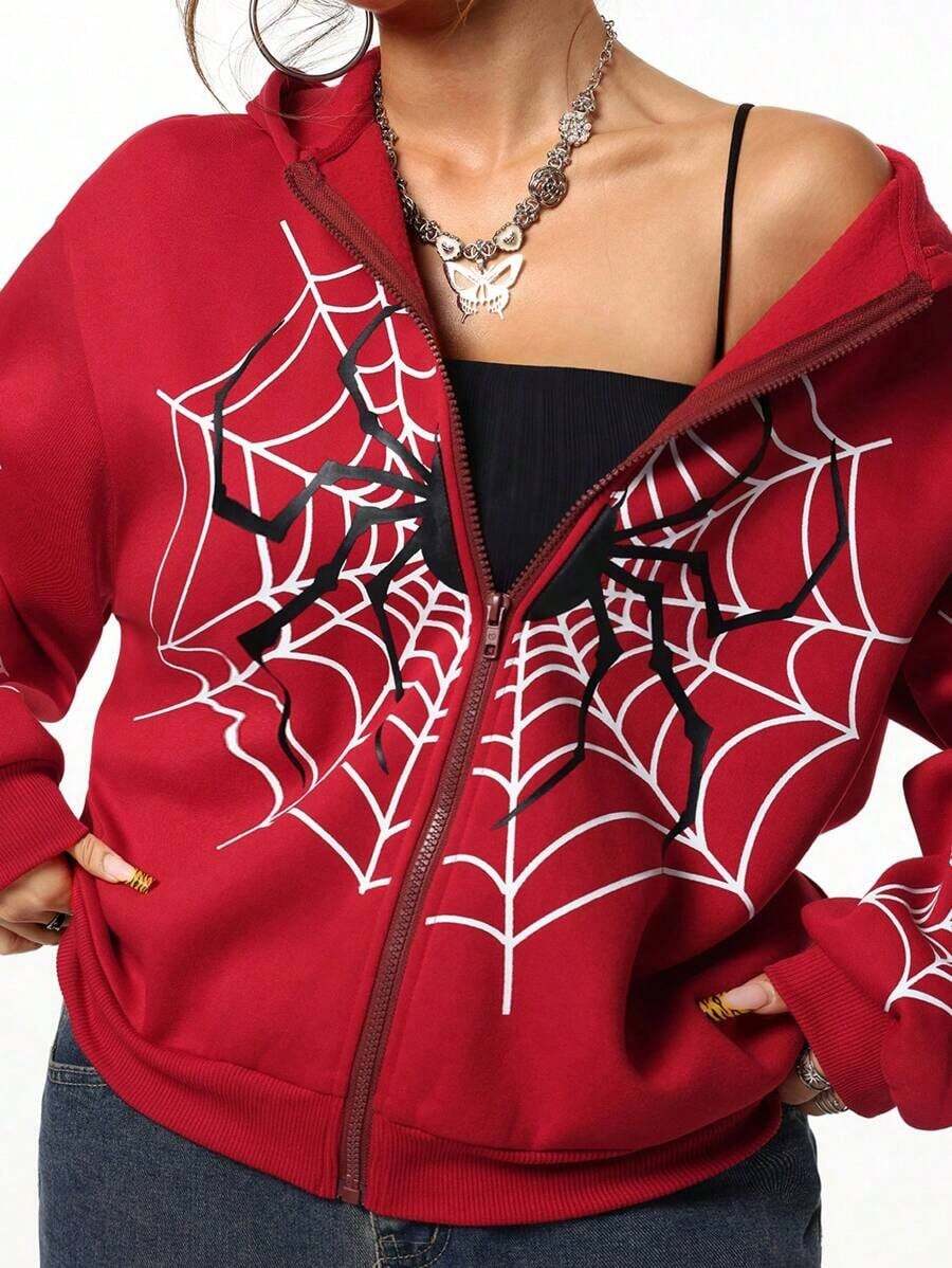 Y2K Spider Web Print Zip Up Hoodie, Long Sleeve Hoodies Sweatshirt, Women's Clothing  Halloween    Spring/Fall  Fall/Winter    Loose    Zipper  Drawstring - Đỏ - Xem 1