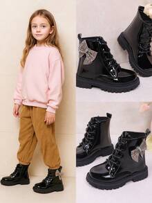 1 Pair Black Toddler Girls' Boots, Solid Color Soft PU Material, Colorful Bow Decor, Round Toe, Lace-Up, Warm Thick Sole, Fashion & Cute Princess Style Leather Boots, Suitable For 3-12 Years Old Girls, Casual, Holiday, School, Autumn/Winter - Black - View 2