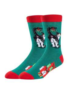 1 par de calcetines con tema navideño de gato, base verde con ribete rojo, patrón de muérdago y regalo, unisex, atuendo navideño, regalo, otoño - Multicolor - Ver 1