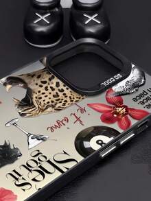 1pc Leopard Floral Patchwork Pattern Black IMD Shockproof Anti-Fingerprint Phone Case Compatible With IPhone 16/16Pro/16Plus/15/15ProMax/15Pro/11/12/13/14ProMax/11Pro/11ProMax/12Pro/12ProMax/13Pro/13ProMax/14Pro/14ProMax, Stylish & Creative