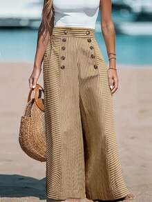 Women's Fashion Casual Striped Print Button Decor Oversized Wide Leg Pants - Khaki - View 2