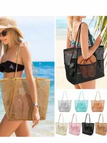 Mesh Beach Bag, Women's Shoulder Tote Bag, Large Capacity Foldable Mesh Swim Bag With Pocket, Bath Swimming Toiletries Storage Bag, Beach And Seaside Entertainment Storage Tote Bag - Multicolor - View 1