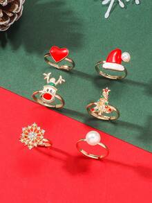 6-8 Stücke/Set Weihnachtsthemen Ringe mit Strass, Weihnachtsbaum, Zuckerstange, Weihnachtsmann, Schleife, Rentier Designs, geeignet für Frauen zum Tragen an Weihnachten und im Alltag