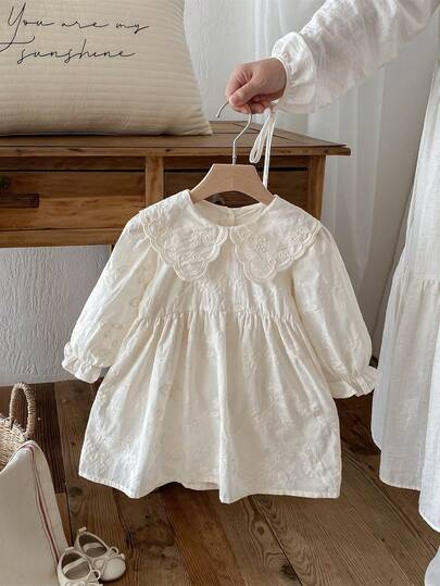 1pc Young Girl' Casual Embroidered Collar Long Sleeve Dress, Comfortable & Fashionable For Autumn