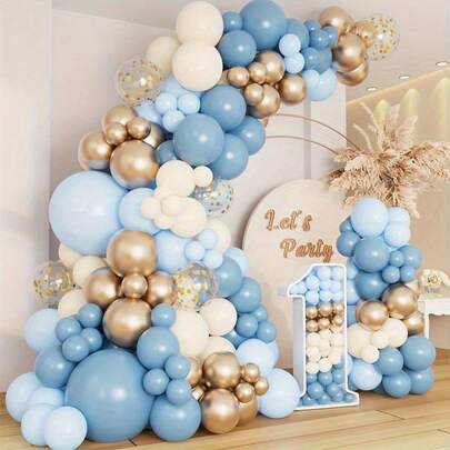 117 piezas Conjunto de arco y guirnalda de globos azul bebé, surtido de tamaños 12", 10", 5" en azul claro, pizarra, marfil y dorado metálico, adecuado para decoración de baby shower, cumpleaños y bodas