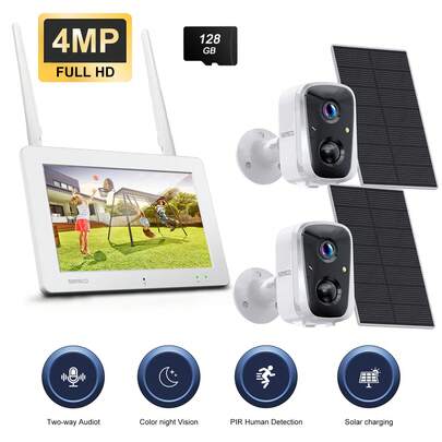 4MP Solar Wireless Security Camera System With 4CH 7" Touchscreen Monitor, 2PCS WiFi Battery Powered Camera Outdoor With 128GB SD Card, PIR Human Detection, 2-Way Audio, Color Night Vision, Support Work With Alexa