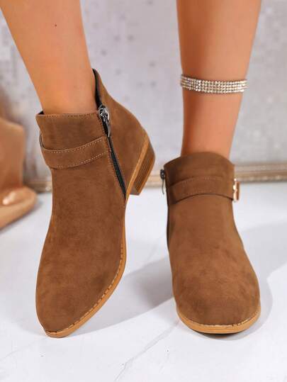 2025 Women's Retro European & American Style Side Zipper Buckle Decor Chunky Heel Short Boots, Fashion Versatile Outdoor Street Style Solid Color Elegant Ankle Boots