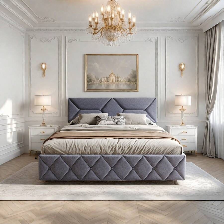 Cama doble 140/160x200 cm, estructura de cama con cabecero con canapé y 4 cajones, somier de láminas, cama doble para adolescentes, adultos, (lino gris)