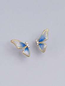 1 Pair 925 Silver Crafted Enamel Butterfly Wing Stud Earrings, Elegant Minimalist Style, Versatile, Suitable As Holiday Gift, Korean Style For Women