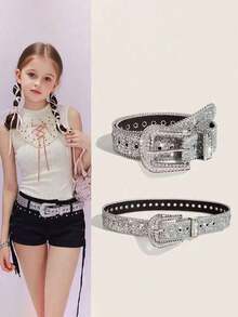 Y2K Girl Fashion Solid Print Studded Full Rhinestone Belt PU Leather Bling Crystal Adjustable Glitter Waistband For Club Party ﻿