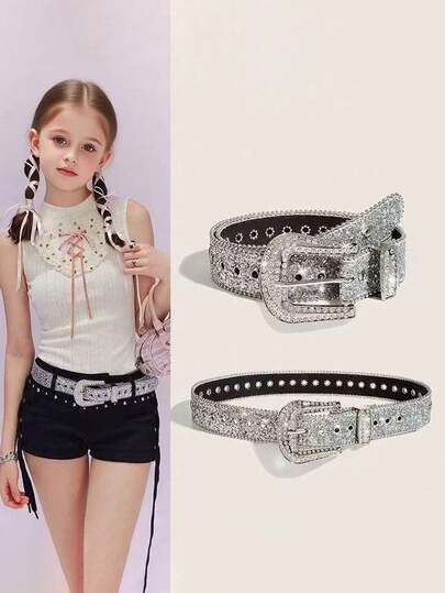 Y2K Girl Fashion Solid Print Studded Full Rhinestone Belt PU Leather Bling Crystal Adjustable Glitter Waistband For Club Party ﻿