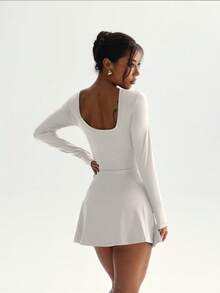 2 In 1 Casual Elegant Golf Tennis Dress With Shorts, Long Sleeve Everyday Basic New Stylish Waist-Tie Advanced Slimming Sexy Figure-Flattering Beautiful Back Tight-Fitting Sports Fitness Waist Yoga Dress - Màu be - Xem 3