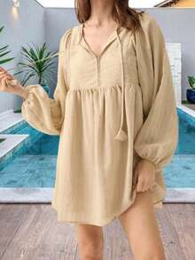 Striped V-Neck Nightgown For Women Long Sleeve Babydoll Sleepwear With Mini Sleep Dress - 咖啡 - 查看 5