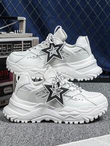 4-Season Men's White Fashionable Thick-Sole Sneakers, Removable Star Pendant, Comfortable Chunky Casual High Street Retro Athflow Style Shoes Suitable For Christmas Gift, Commuting And Streetwear - White Star Black and White - View 2